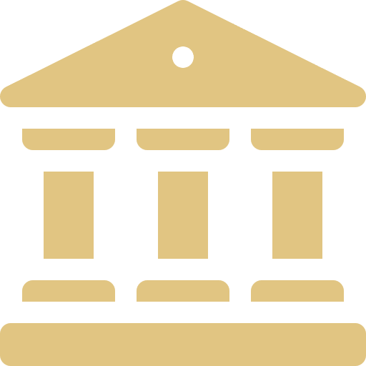 A simple, gold icon depicting a classical building with three columns and a triangular pediment.