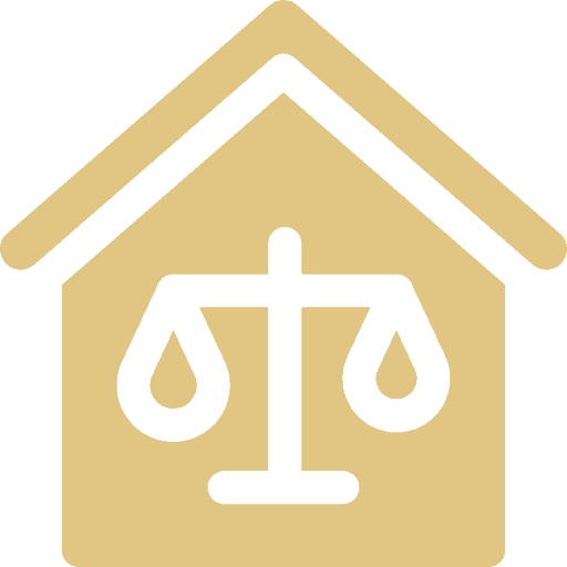Simple icon of a beige house with a scale of justice symbol inside.